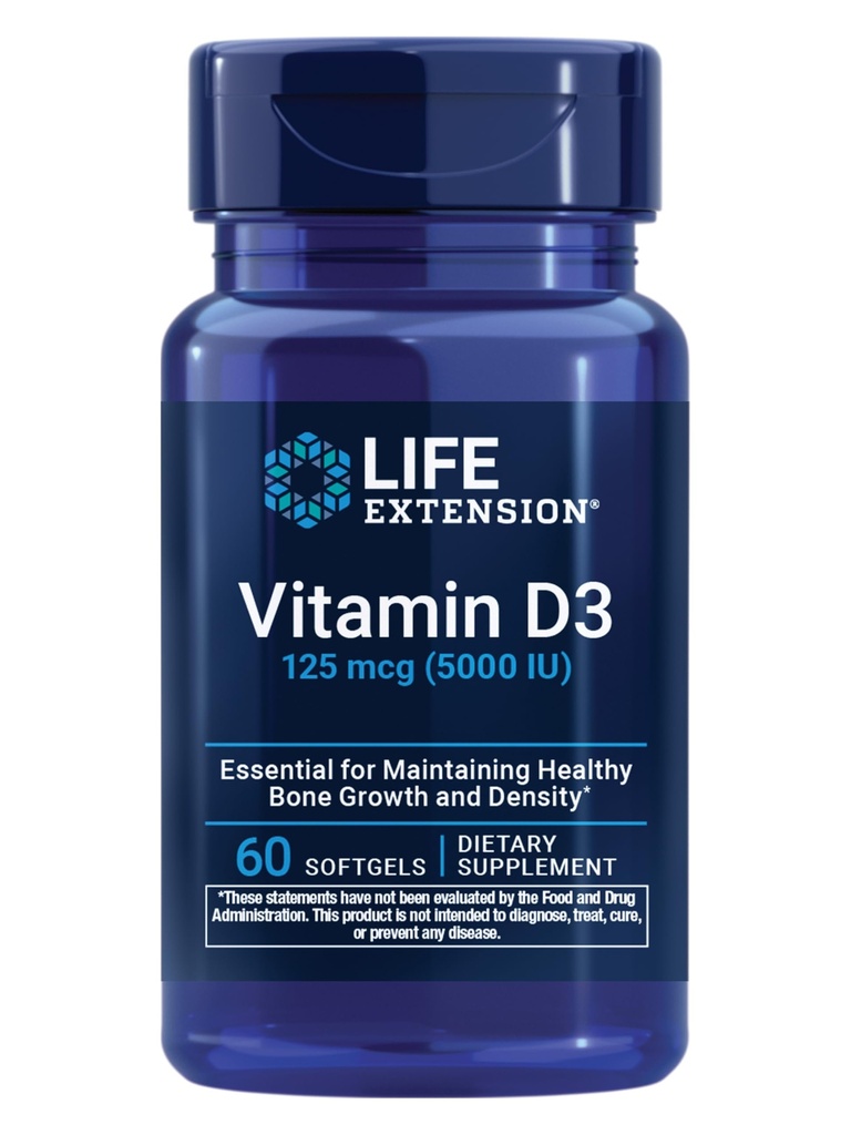 Extensia de viaţă Vitamina D3 125 mcg (5000 UI), Sănătatea osoasă, Performanţa creierului, Suportul sistemului imunitar, Lipsă de gluten, Non-GMO, O dată pe zi, Aprovizionare cu două luni, 60 Softgels