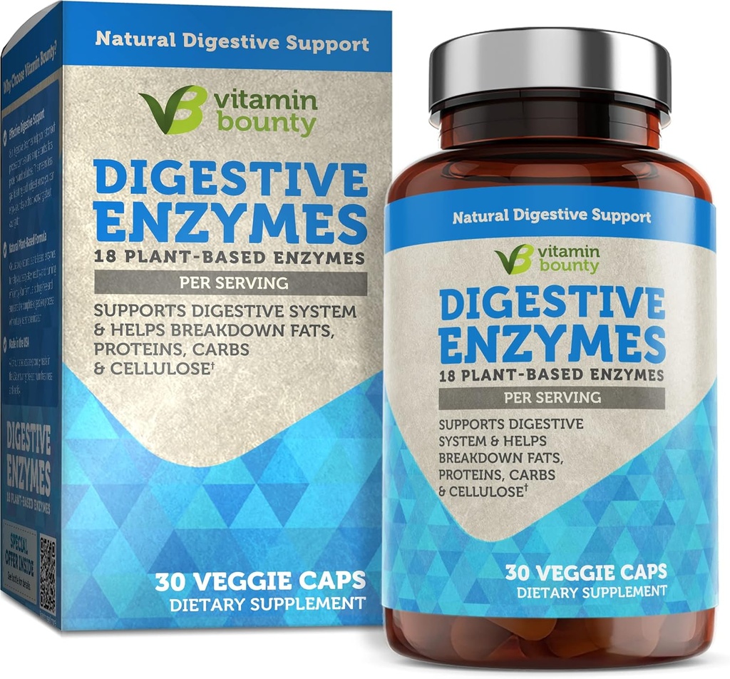 Enzime digestive de vitamina Bounty - Prebiotice cu 18 enzime, enzime digestive pentru femei și bărbați, Digestie Supliment, Ajutor în ruperea grăsimilor, proteine și carbohidrați - 30 capsule