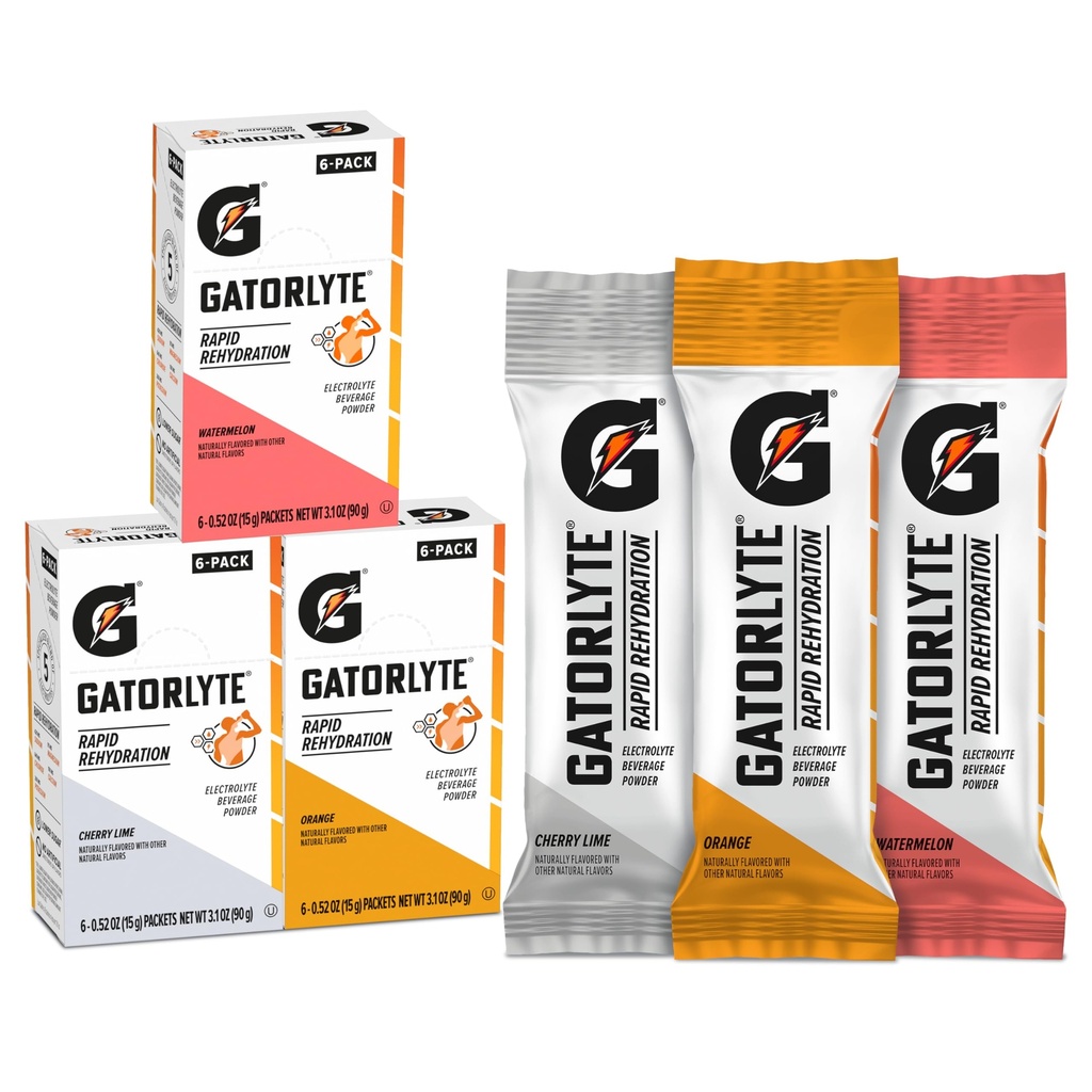 Gatorlyte Rehidratare Rapidă Electrolite Beverage, Variety Pack, Zahăr de Jos, Amestec specializat de 5 Electroliți, Fără Îndulcitori artificiali sau arome, 18 ambalaj, 1 pachet de amestecuri cu 16,9oz (500ml) apă