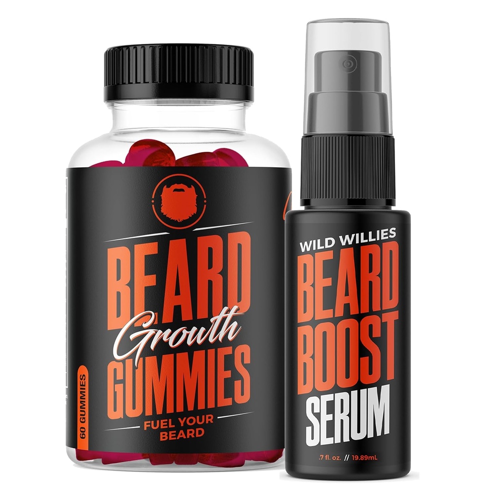 Wild Willies Beard Creștere dublă Amenințări: Gumiile de creștere cu barbă și Kitul Ser pentru bărbați - Biotin, Cafeina și Uleiul esențial de creștere pentru Fuller, mai gros de păr facial - vitaminele cu barbă și creșterea barbă