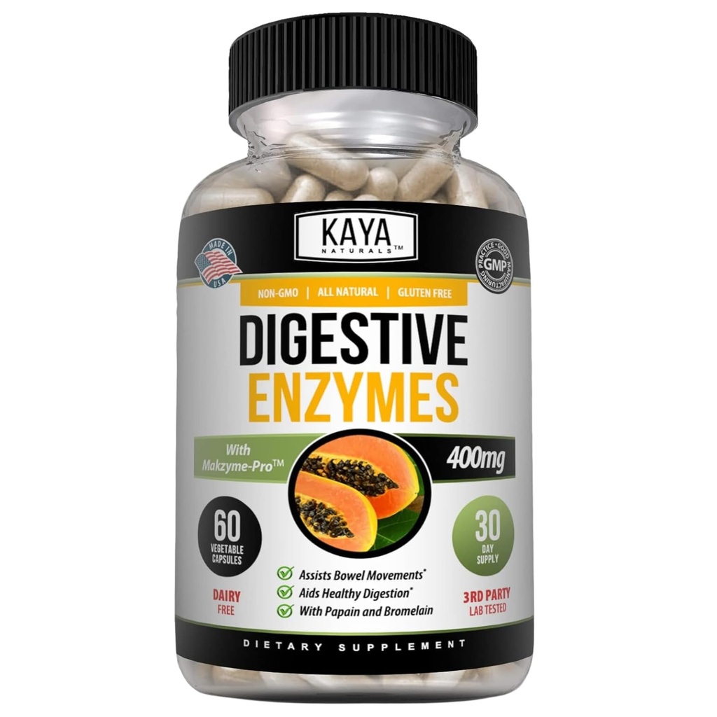 Kaya Naturals Enzime digestive cu prebiotice și probiotice - Constipație și relief de balonare - Pastile de management al greutății pentru femei și bărbați - SIDA Funcția imună - Suport de digestivie - 60 Capsule vegetale