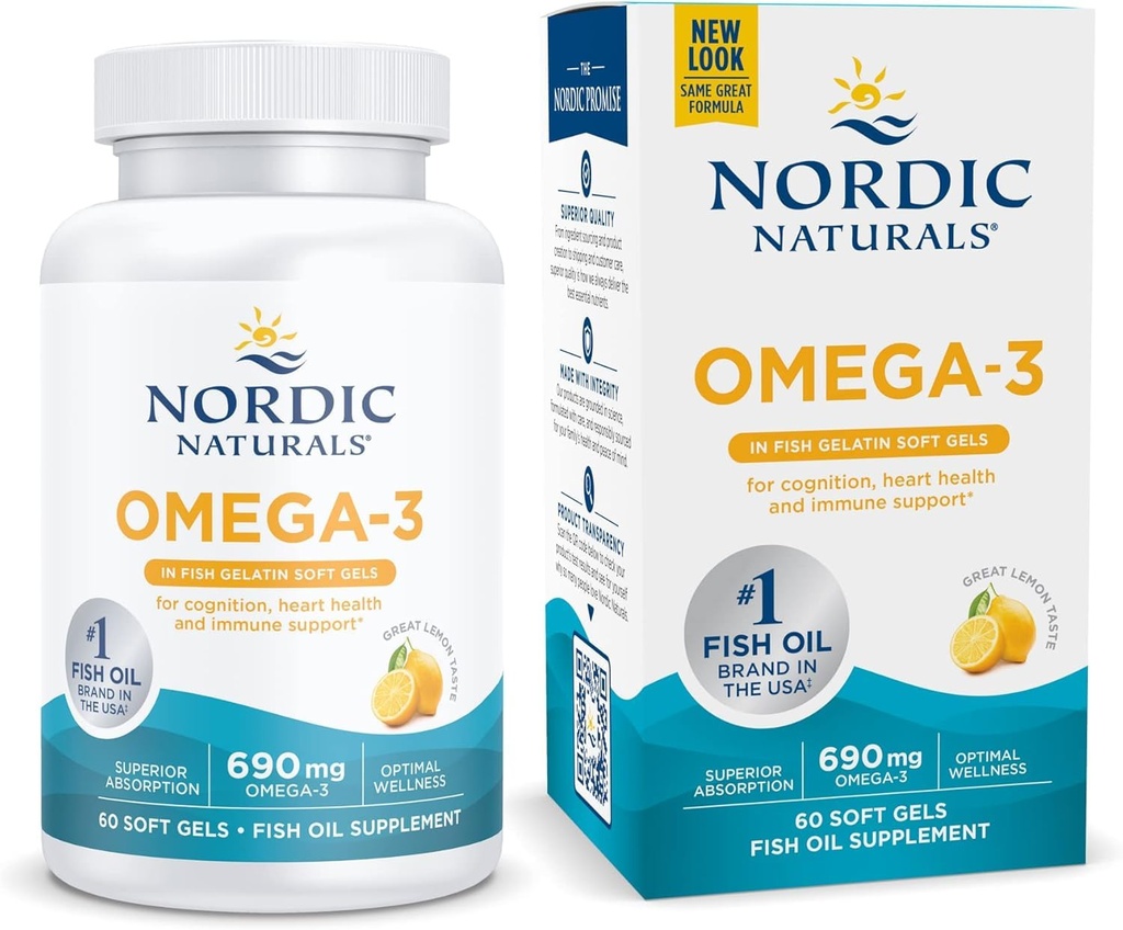 Naturale nordice Omega-3 în Gelatină de pește, Aromă de lămâie - 60 Geluri de pește - 690 mg Omega-3 - Ulei de pește - EPA & DHA - Suport imun, Brain & Heart Health, Optimal Wellness - Non-GMO - 30 Servings