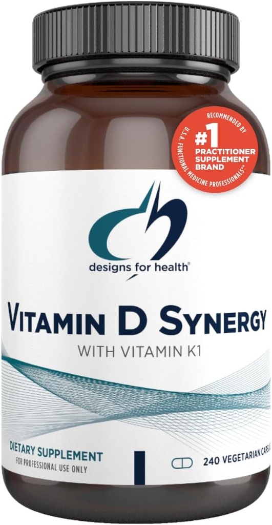 Design-uri pentru sănătate Vitamina D Sinergia - 2000 UI Vitamina D cu K Supliment - Sprijină Moods sănătoase, Sănătatea osoasă + Sănătatea imună pentru adulți - VIT D3 + vitamina K - Gluten gratuit + non-GMO (240 capsule)