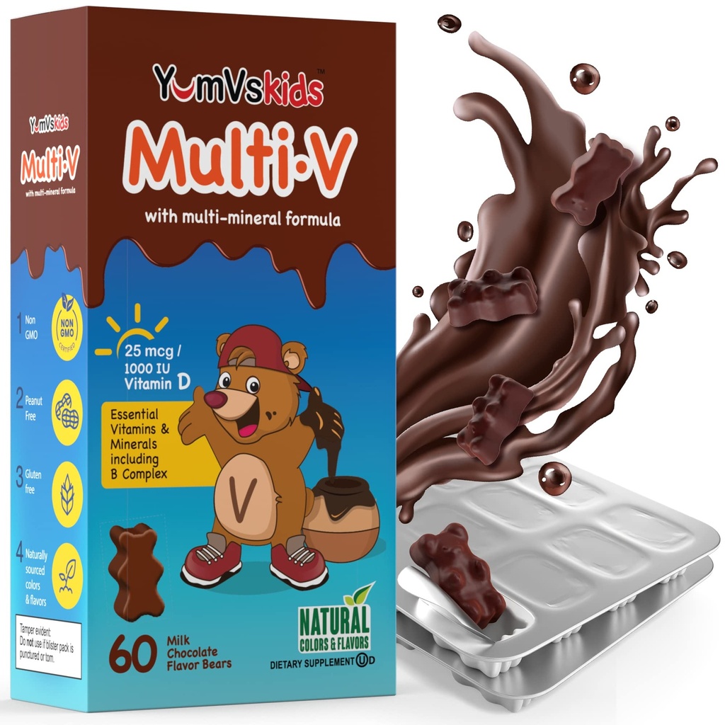 YUM-V'S - Copii multivitamine Ursi de ciocolata masticabili - Multivitamine pentru copii Supliment - 16 Vitamine si Minerale - Vitamine inclusiv D, zinc, C, B Complex & More, 60 Conte Pack de 1