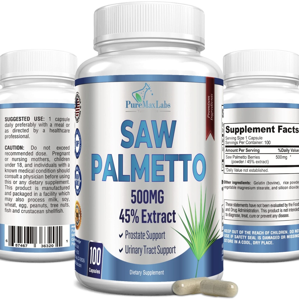 Putere suplimentară Saw Palmetto - 45% Extract de prostată Supliment, Scăderea urinarii frecvente, DHT Blocker pentru creșterea părului, non-GMO, 100 capsule