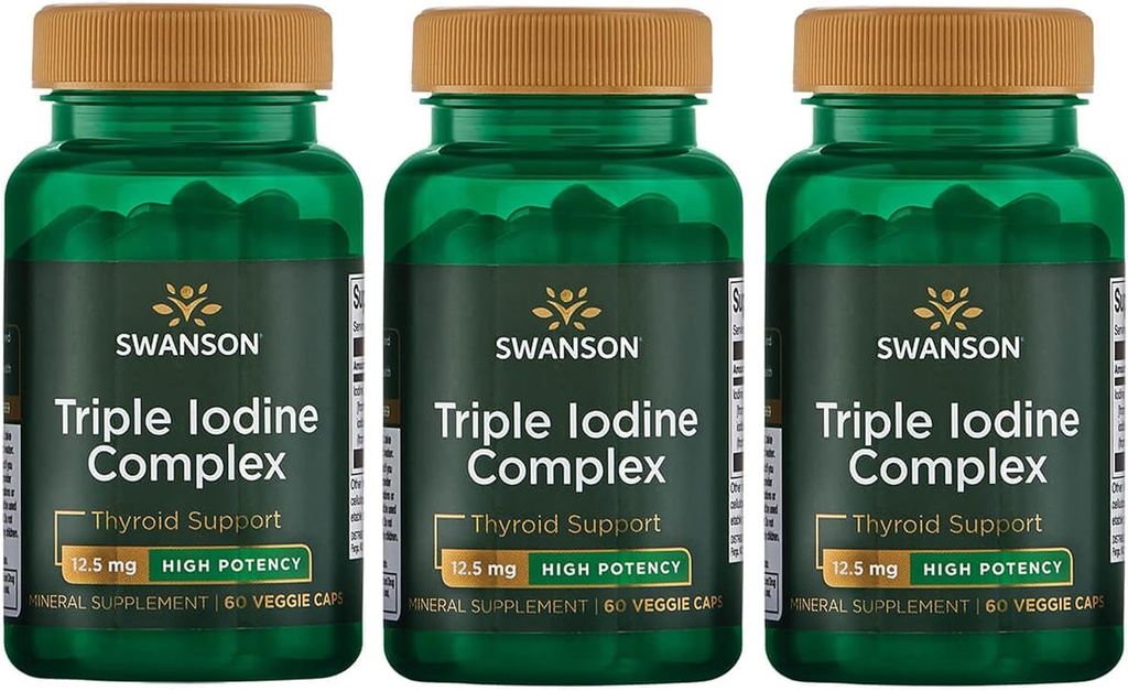 Swanson Triple Iodine Complex-Natural Supliment pentru Vital tiroida suport-Promote Functie metabolica, Creşterea producţiei de celule roşii sanguine, & Heart Health- (60 Capsule Veggie, 12,5 mg fiecare) (3 ambalaj)