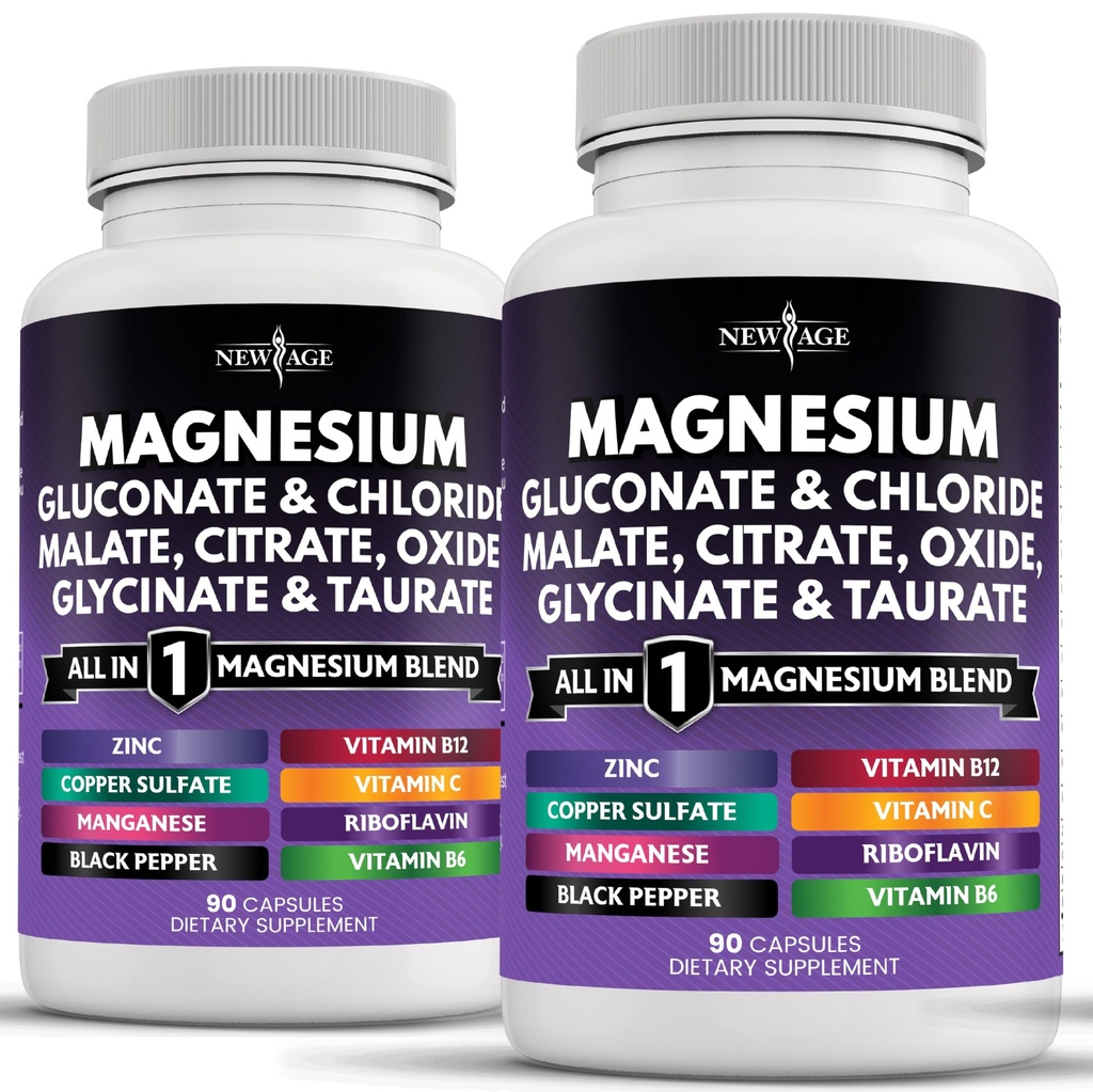 NEW AGE Magneziu Supliment - Puternic Glycinate Citrate Mate Oxid Taurate Gluconat Orotat & Magclorit Manganul de Sanatate si Putere Osoasa, Suport comun- 180 Conte