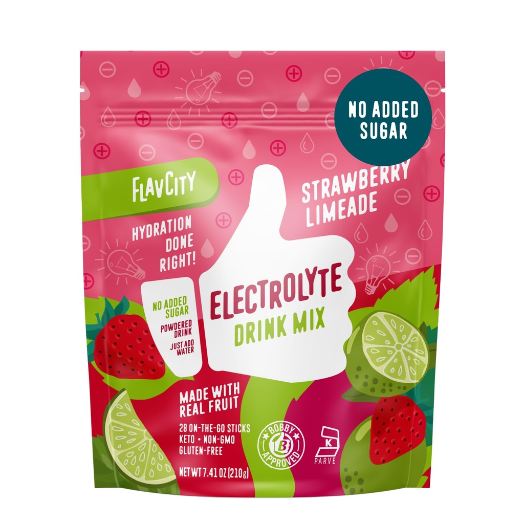 FlavCity Limonadă de căpșuni Electroliti Pachete de pulbere - 28 Pachete de hidratare - Nu Adăugat zahăr - Pulbere de hidratare cu fructe reale și sare de mare nerafinată - Keto & Gluten-Free (28 Stick Packs)