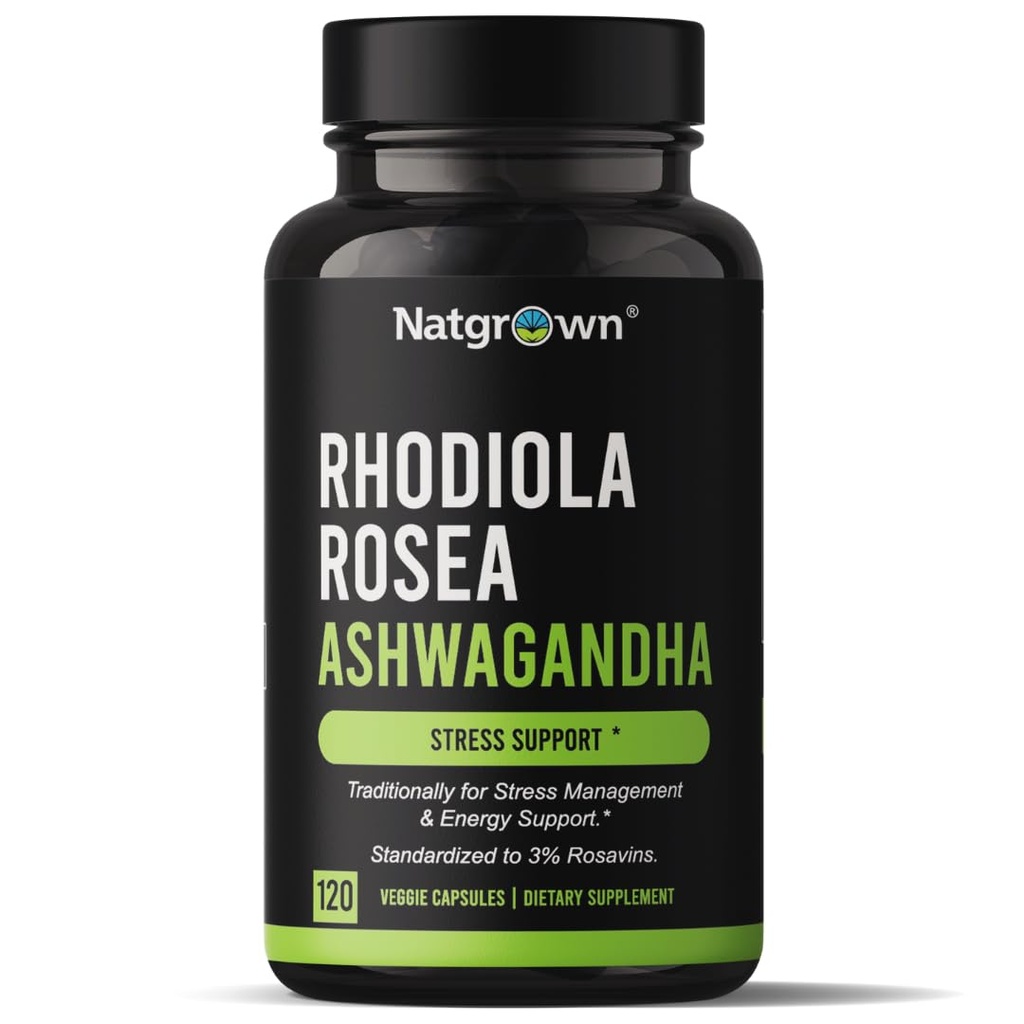 Natgrown Rhodiola Rosea cu capsule extract de rădăcină Ashwagandha - standardizate la 3% Rosavins și 1% Salidroside - 120 Conte