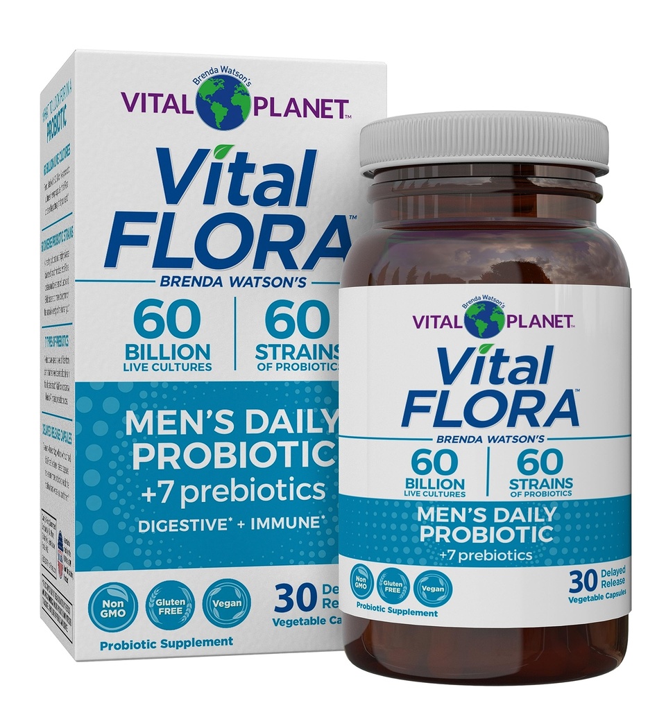 Planeta Vital - Vital Flora Mens Daily Probiotic, 60 Miliarde CFU, 60 Tulpini Diverse, 7 Prebiotice organice, Suport Immune, Relief de gaz, Colon și Probiotice de sănătate digestive pentru bărbați 30 Capsule