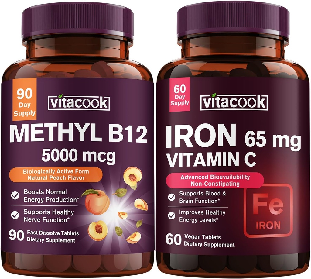 Fier și vitamina B12 Bundle, 5000 mcg B12, Zero Zahăr, Carbonil Fier cu vitamina C, blând pe stomac