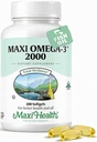 Omega 3 Supliment - Ulei de pește Omega-3 2000mg - Sursa naturală de EPA & DHA - inimă, creier și sănătate comună - Kosher Certified Wild Caught Marine Fish - 200 Vegetarian Softgels de Maxi Health