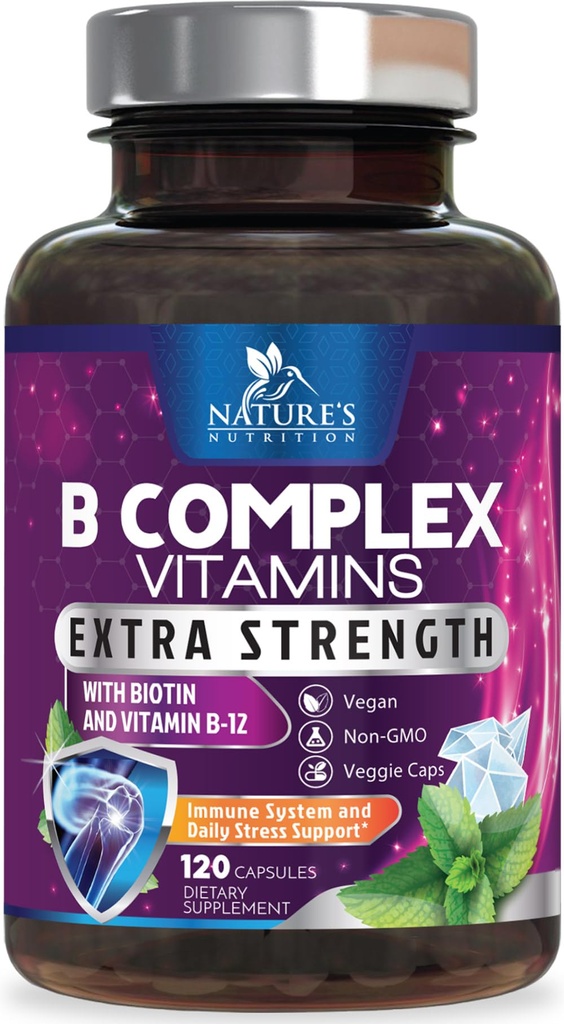 B Capsulele complexe de vitamine - cu vitamina B12 B6 B100 C Folat de biotină şi acid folic - Supliment pentru inimă, creier şi suport nervos - Super Complet B- Complex pentru suport imunitar şi energetic - 120 capsule