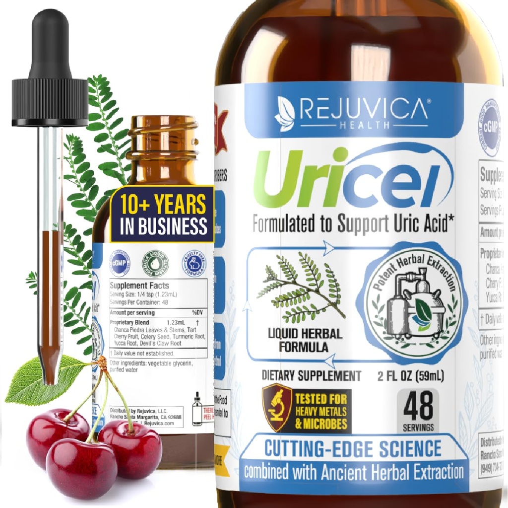 Uritel - Advanced Uric Acid Supplement & Cleanse - Suport comun și renal - Livrare lichid pentru o mai bună absorbție - Tart Cherry, Chanca Piedra, Seminte de telina & Turmeric - 2 fl oz