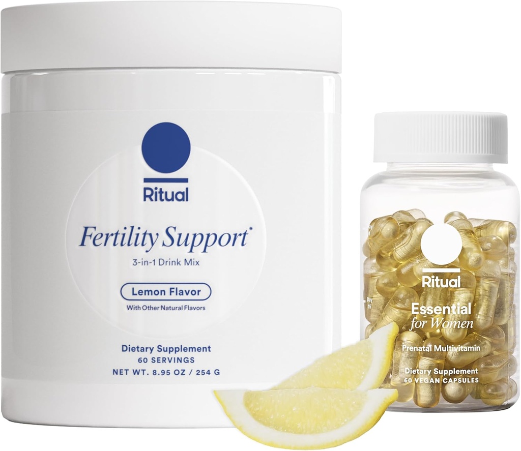 Ritual Preconception Bundle: esential pentru femei Multivitamine prenatale si suport de fertilitate Lemony Drink Mix Supliment cu NAC, CoQ10, si Myo-Inositol. Vegan și Formulated să o sprijine.*