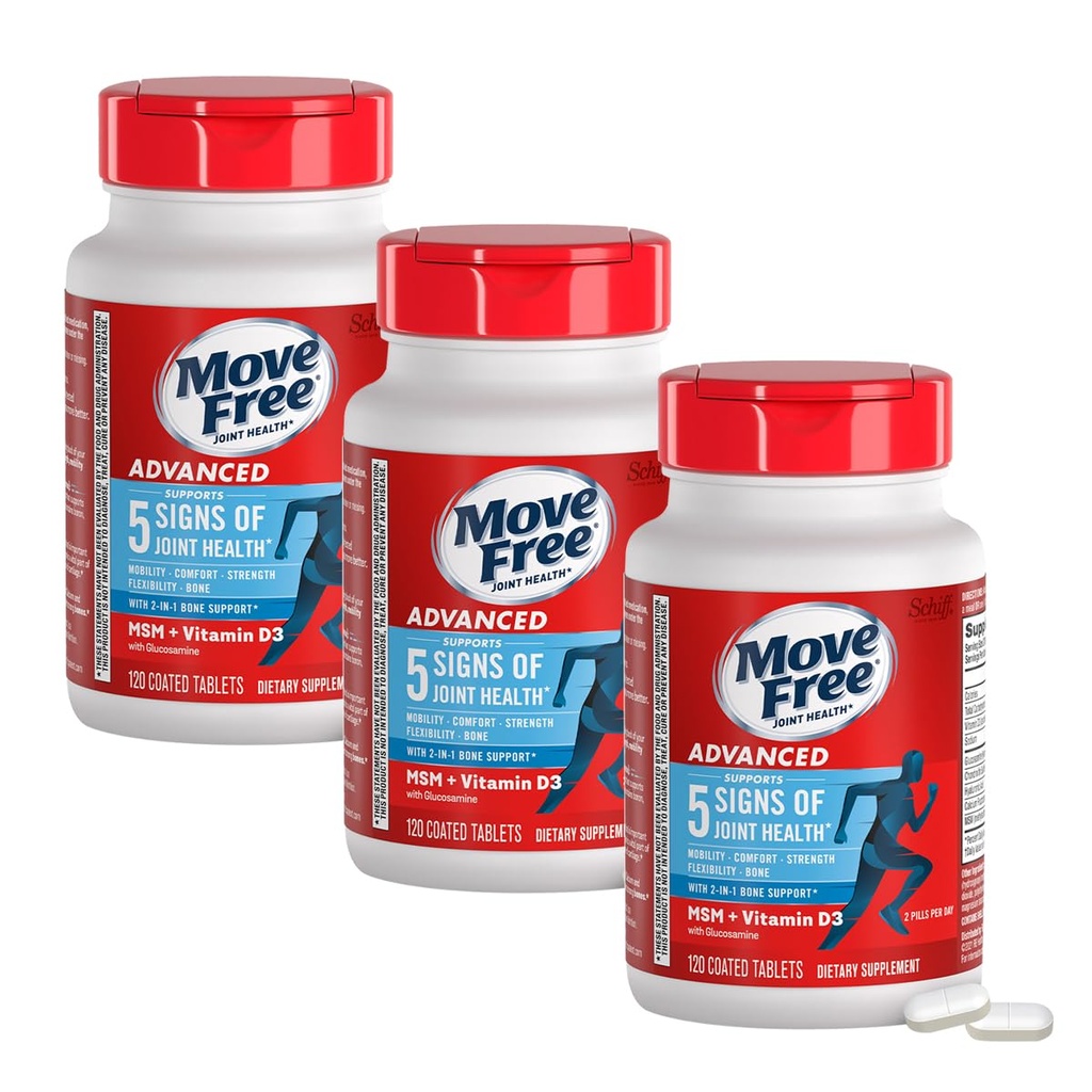 Mutare gratuită Advanced Glucosamine Chondroitin MSM + vitamina D3 supliment comun de sprijin, sprijină mobilitate Confort de putere Flexibilitate & Bone + Immune Health - Tabletă, 3x120ct sticle (120 portii) *