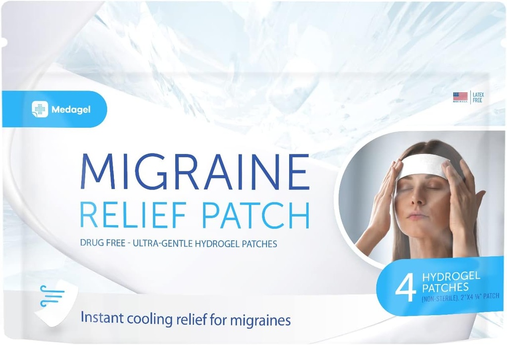 Migrene Relief Patch, patch-uri de răcire pentru Migrenă, Febră, Hormone, & Dureri de cap, Mess & Odor-Free Hydrogel Cooling, Made in the USA, 1 Pack (4 x Patches) Alb