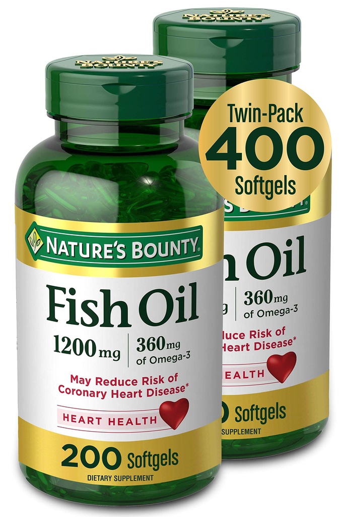 Nature's Bounty Fish Oil, Dietary Supplement with 360mg Omega-3, Supports Heart Health, 1200mg, 200 Softgels (Pachet de 2)