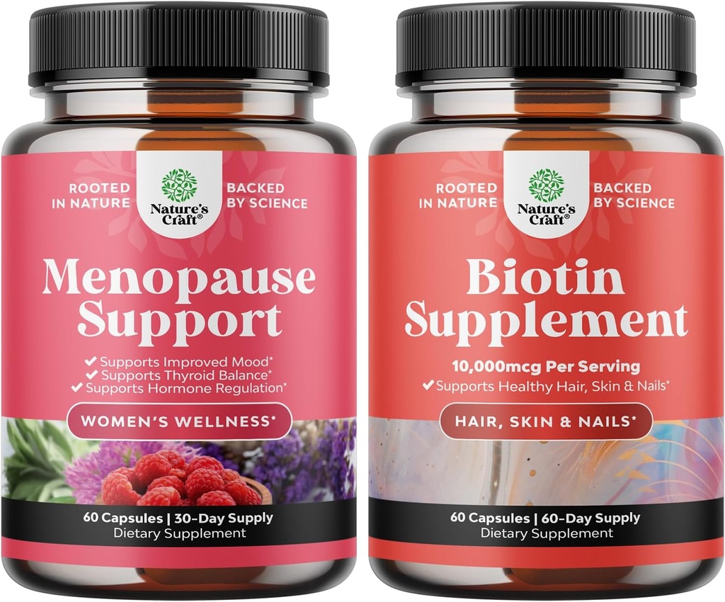Bundle of Herbal Menopause Supliment pentru femei și 10000 mcg Biotin Pilulele pure pentru femei și bărbați - Perfect pentru echilibru estrogen - Stop pierderea parului Thinning Supliment natural