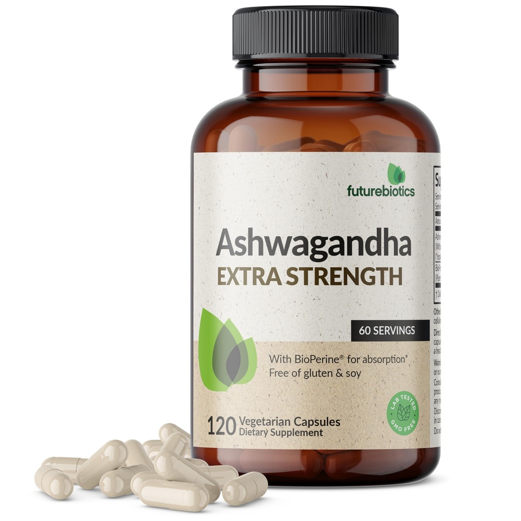 Futurebiotics Ashwagandha Extra Putere Stress & Mood Support cu BioPerine - Formula non OMG, 120 Capsule vegetariene