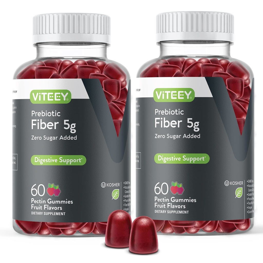 Viteey Prebiotic Fiber Gummies pentru adulţi, 5g - Gumă de mestecat şi soluţionare digestivă supliment de fibre - Zero zahăr adăugat, Vegan, Gluten-Free - 120 Conte