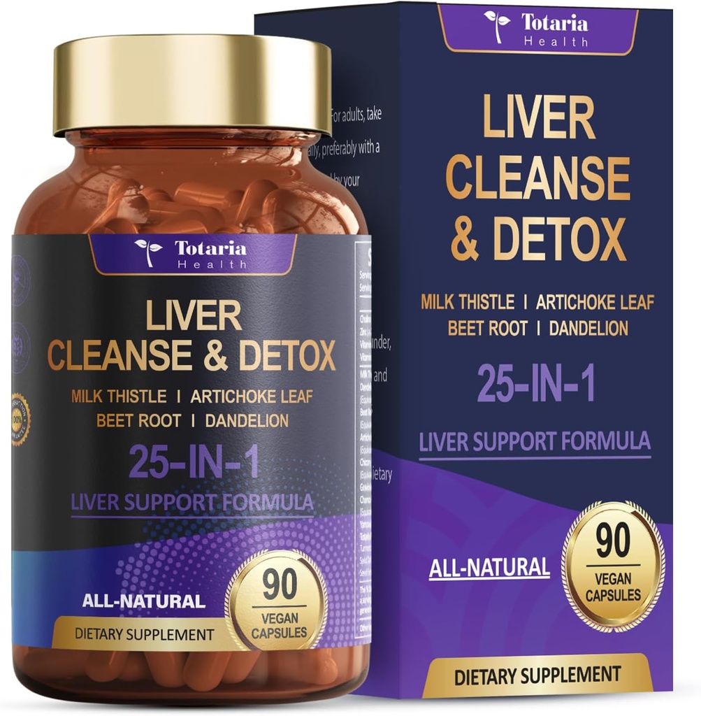 Ficat Cleanse Detoxifiere & Reparație 25-in-1 cu lapte Thistle, Dandelion Root,Beetroot, Extract de Anghinare pentru Sănătatea Ficatului Herb Suplimentul de suport pentru ficat Vitamine Zinc, Choline 90 Capsule Vegan