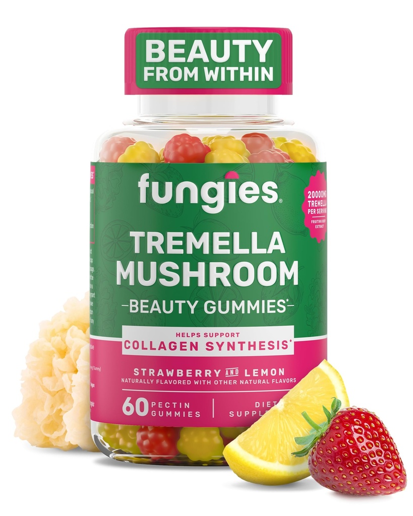 Ciuperci Tremella ciuperci gume de ciuperci, aroma mixta de capsuni si lamaie - Mushroom Herbal Supplement Gummy pentru adulti Suporta Colagen Sinteza, sanatoasa piele & imbatranire sanatoasa - frumusete Gumies 60 Serviri