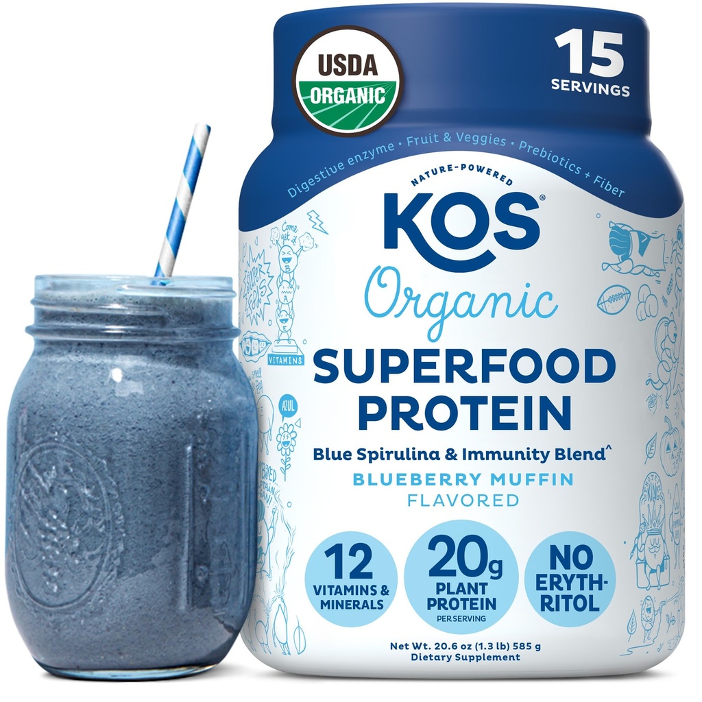 KOS Plant Pe bază de praf de proteine, Blueberry Muffin - proteine organice Superfood cu Spirulina și Immune Support Blend. Soia, Gluten, Dairy Free - Mesa Vegană de înlocuire pentru femei și bărbați - 15 Serviri