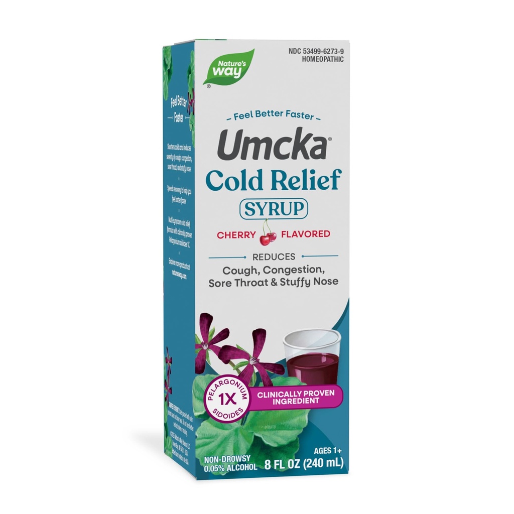 Natura's Way Cold Relief Syrup, Umcka, Scurtă durată & reduce severitatea, Multi-Simptom Rece Relief, Homeopatic, Fenilephrine Free, Non-Drowsy, Cherry Flavored, 8 Fl Oz (Packaging May Vary)