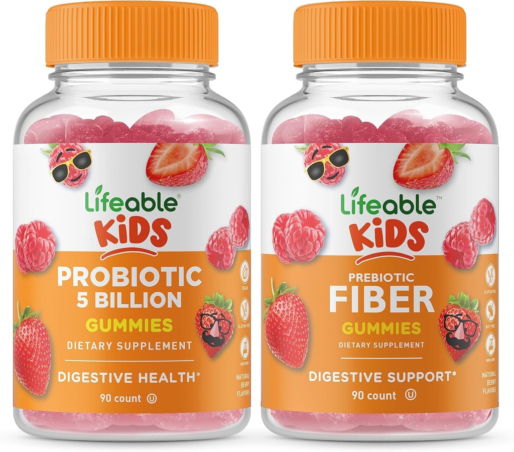 Probiotice vitale 5 Miliarde de copii + Prebiotic Fiber Kids, Gumies Bundle - mare Tasting, Supliment de vitamine, Gluten gratuit, OMG gratuit, Guma de mestecat