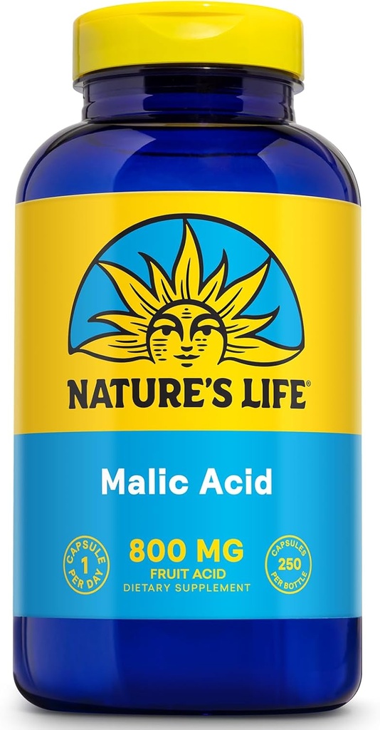 Natura's Life Malic Acid Supplement 800 mg - Sanatos functie musculara si suport energetic Cellular - Dietary Fruit Acid - 60-Day Money Back Guarantee, Lab Verified - 250 Serviri, 250 capsule