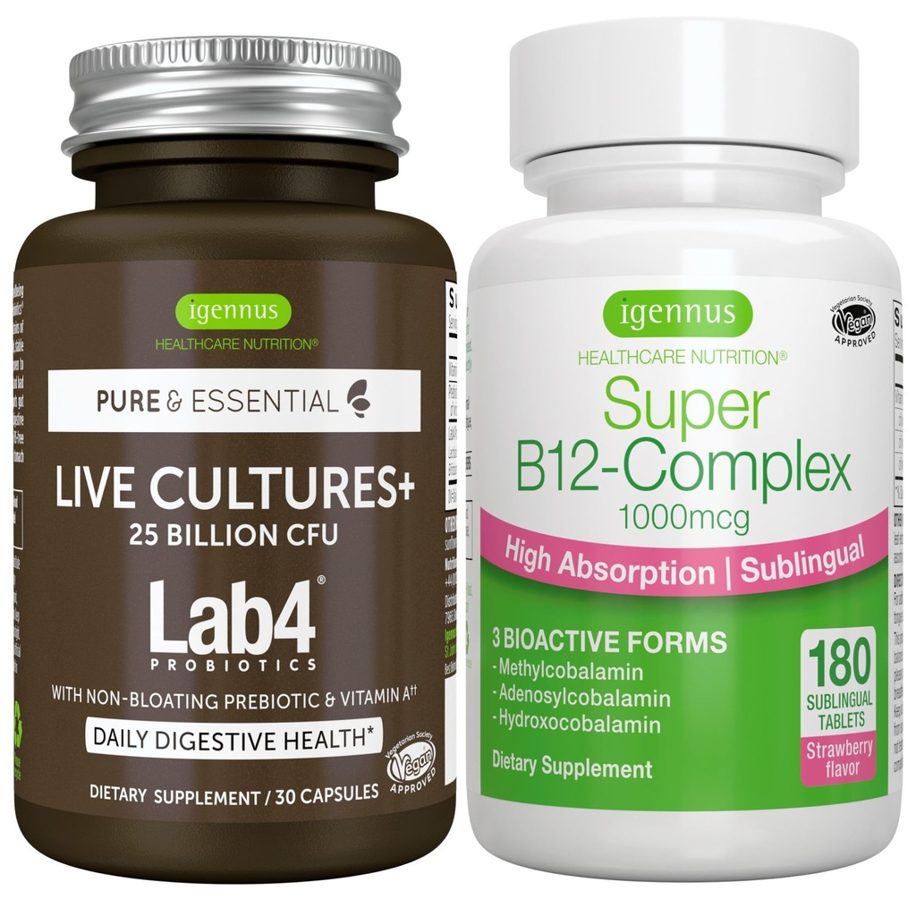 Cultura vie. Probioticele Lab4 + Super B12-Complex, Bundle Vegan, 25 Miliarde CFU Lactobacillus Acidophilus și Bifidobactery + High Absorbtion Sublingual B12, by Igennus