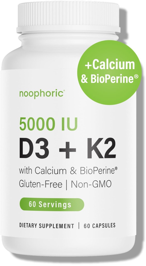 Noophoric D3 K2 Vitamina 5000 UI - Vitamina K2 100 mcg MK7, Calciu, BioPerină - Health osoasă și Suplimentul de sprijin imun - Gluten-Free, non-GMO - Vitamina D3 K2 Supliment (60 Servings)