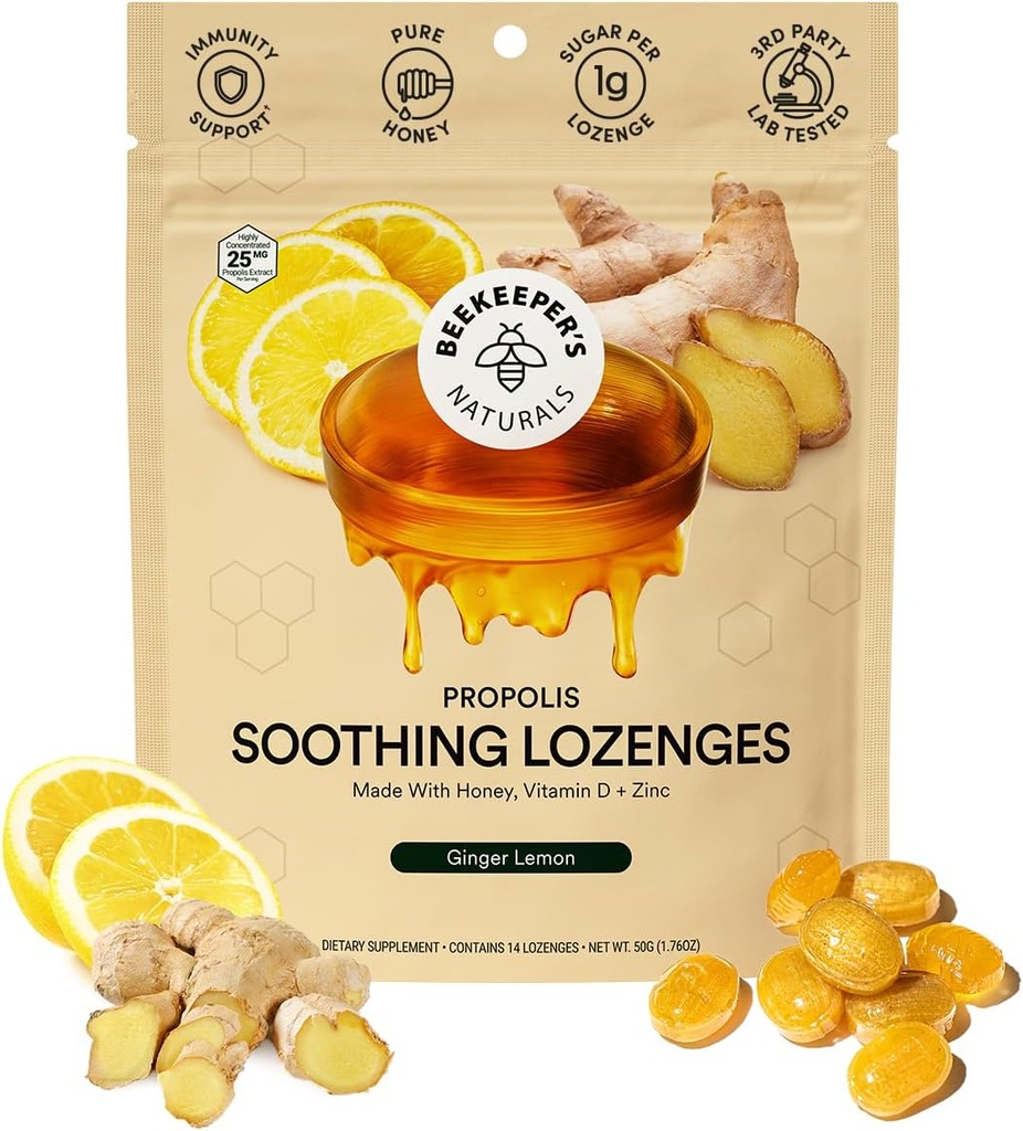 Apicultor naturale Soothing Honey Ginger Lemon Cough picături - Immune Support with Vitamina D, Zinc şi Propolis Gât Soothing Lozenges, 14 Ct
