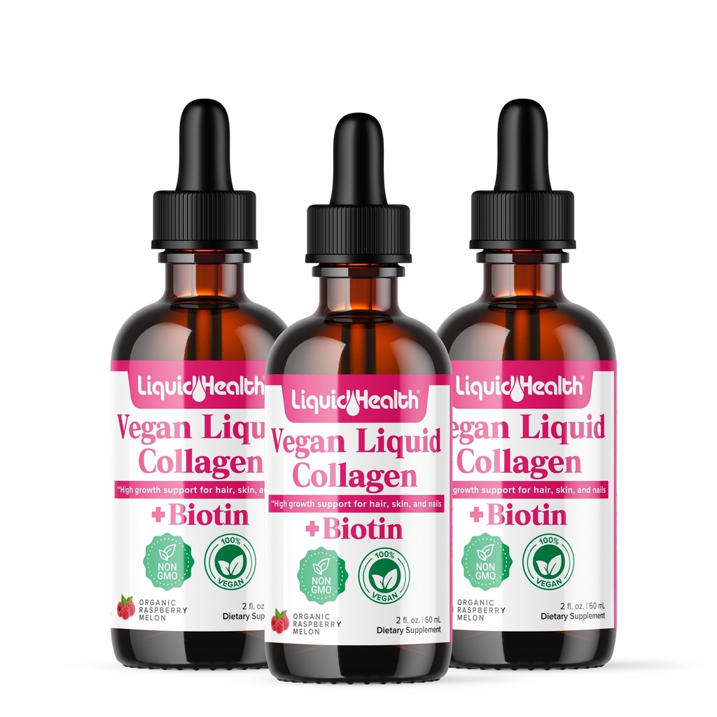LIQUIDHEALTH 100% Vegan Colagen Plus Biotin 100.000mcg Picături lichide - Plant-Based Colagen lichid pentru femei și bărbați - păr și creșterea unghiilor, Skin Health, Boosts Metabolism - Made in USA, Non-GMO (3 Pack)
