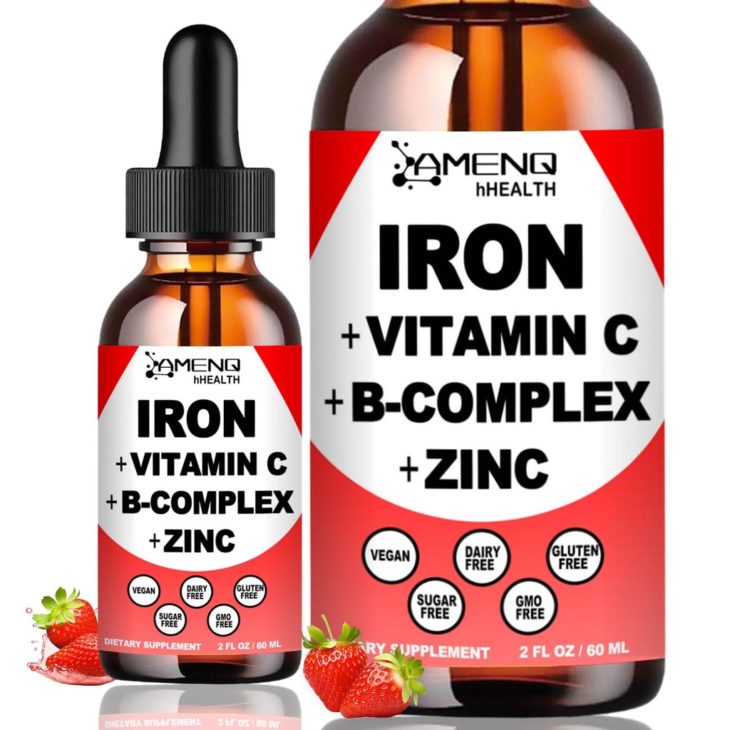Supliment de fier lichid w/Vitamina C, A, B-complex, fier Vegan picaturi de mare potenta Vitamina lichida si Suplimente de fier pentru femei, barbati si copii -Suport de celule rosii din sange, energie, anemie si oboseala