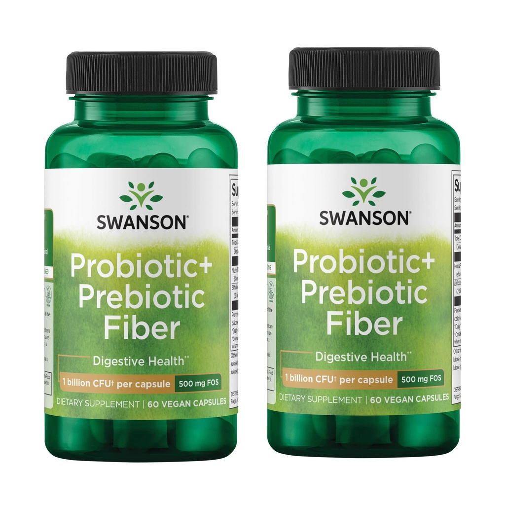 Swanson Prebiotic + fibre probiotice - Suplimentul natural de promovare a sistemului digestiv și a sprijinului pentru sănătate imună - SIDA Regularitate & GI Tract Health - (60 capsule, 500 milioane CFU fiecare) (2 ambalaj)