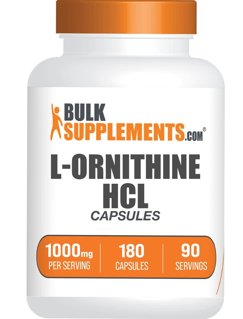 BulkSupplements.com L-Ornithine capsule HCl - L-Ornithin clorhidrat, L-Ornithin 1000mg - Aminoacids Supliment, Gluten gratuit, 2 capsule per Serving, 180 Conte (Pachet de 1)