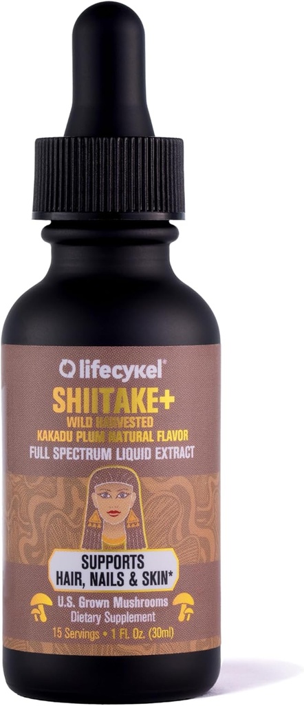 Lifecykel - Shiitake Mushroom Extract cu Kakadu Plum - Advance Organic Mushroom Supplement for Hair, Nail and Skin - Potent Vitamina C Boost imun pentru adulți - 1 Fl Oz