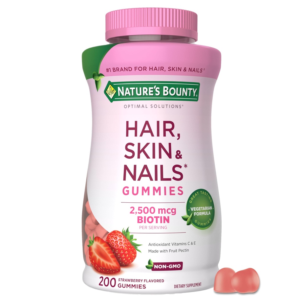 Solutii Optimale de Bounty Nature Par, Piele si Nails Pectin Gummies, 2500 mcg Biotin Per Serving, Fara Gummy Stick, Formula vegetariana, Aroma de capsuni, 200 conta, 100 Total Serviri