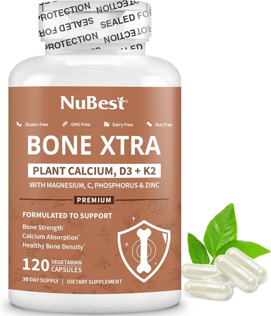 NuBest Bone Xtra - Rezistenţă osoasă bazată pe plante, Stronţiu Boost cu Citrat de Stronţiu, Calciu, Magneziu din Algae Marine, Fosfor, Vitamina C, K2, D3