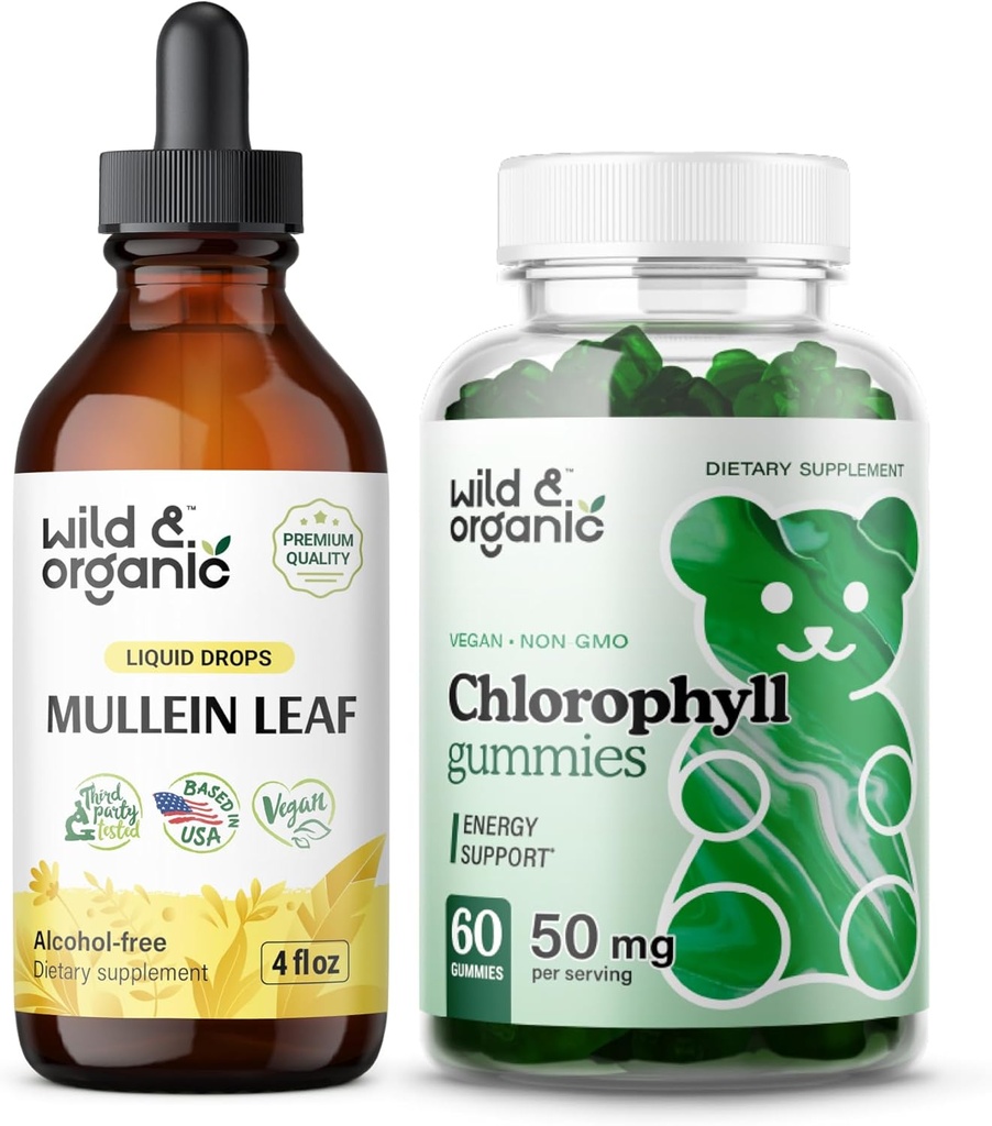 Mullein sălbatic și organic picături 4 oz și gume de clorofil 60 Chews