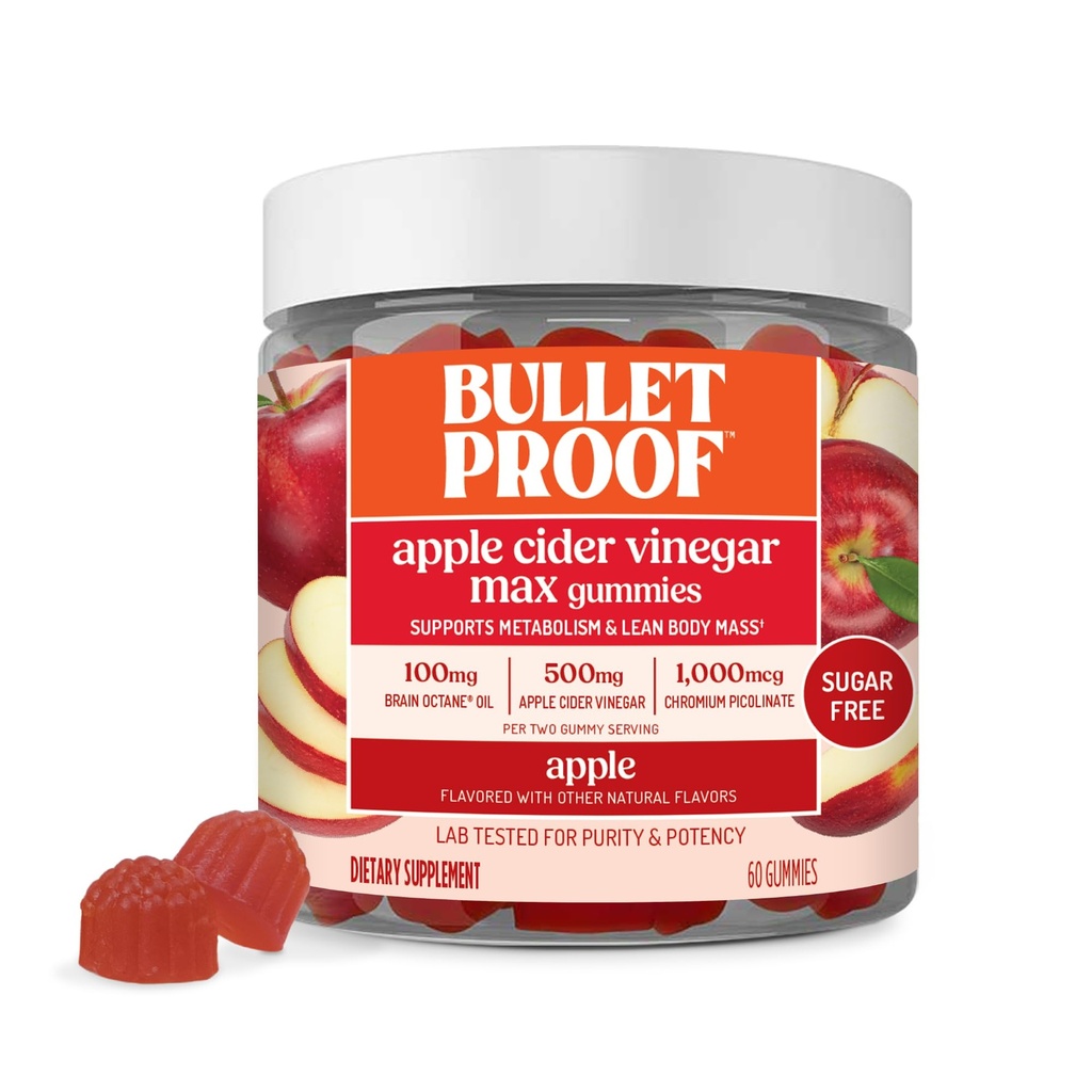 Bulletproof Apple Cidru Oțet Max Gumies fără zahăr, 60 Conte, Keto Supliment pentru Cravings, Suportă metabolismul
