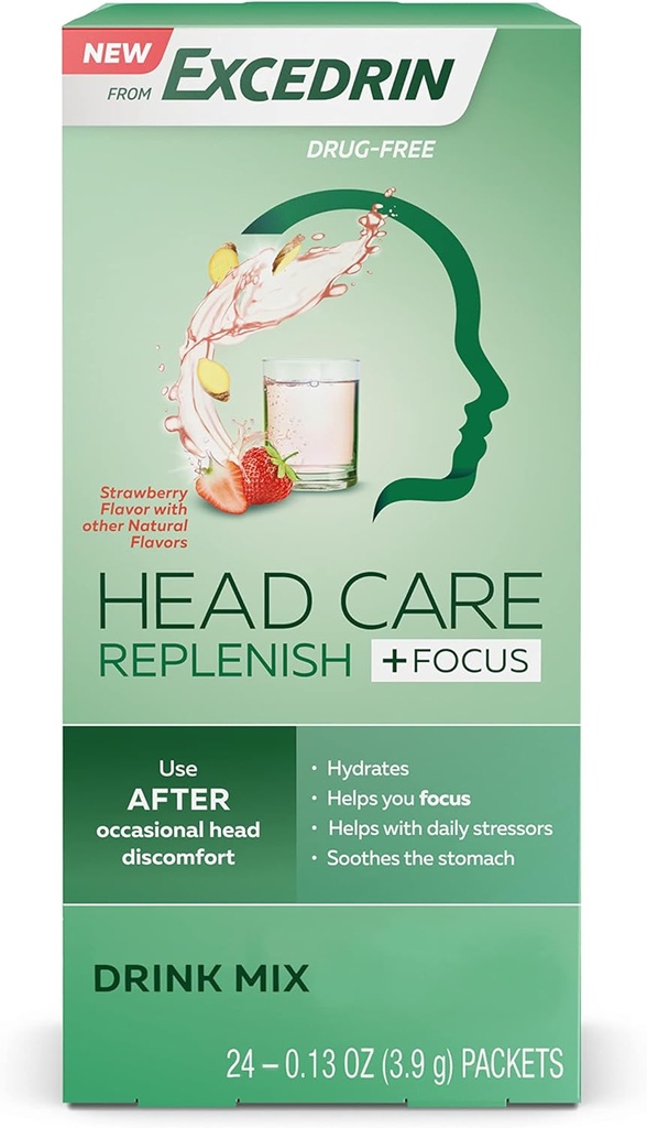 Excedrin Head Care Replenish Plus Focus din Excedrin Drink Mix cu Electroliți, L-Theanină, Ginger și Cafeina pentru Head Health Support - 24 Pachete