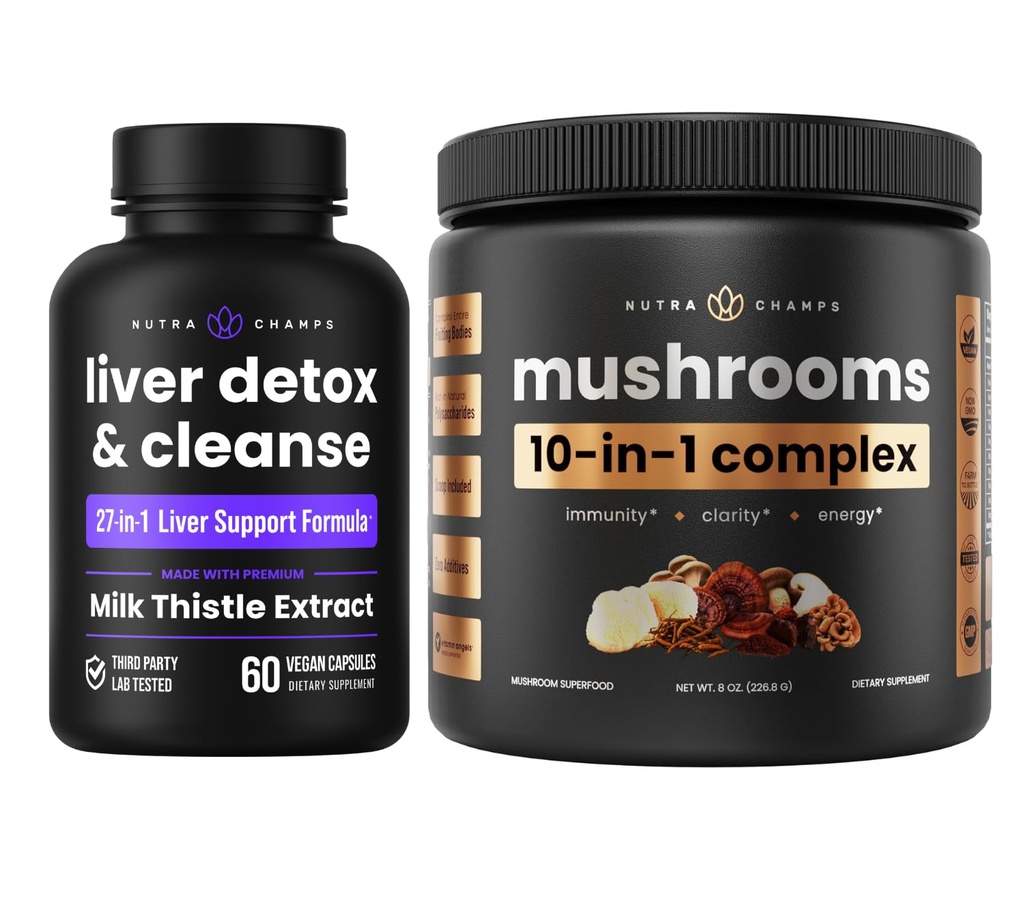 NutraChamps Detoxifiere hepatică și praf de ciuperci - Cogniție, Detoxifiere și Imunitate Bundle