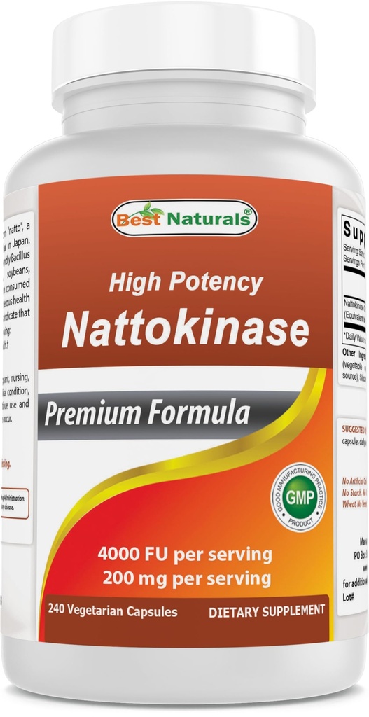 Best Naturals High Potence Nattokinaza 4000 FU Per Serving/ 200 mg per Serving, 240 Vegetarain Capsule. Non-GMO, Gluten Free.