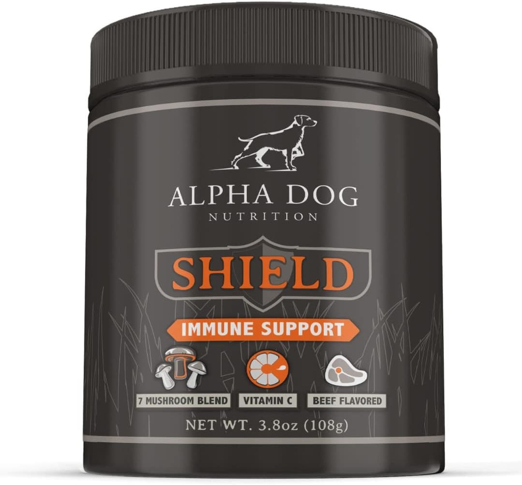 Shield Alergia Suport Imun pentru Câini de Alpha Dog Nutriție - 7 Complex de pulbere ciuperci nutriționale + vitamina C pentru a stimula imunitatea - până la 120 Serviri pentru câini de talie mică, 108g