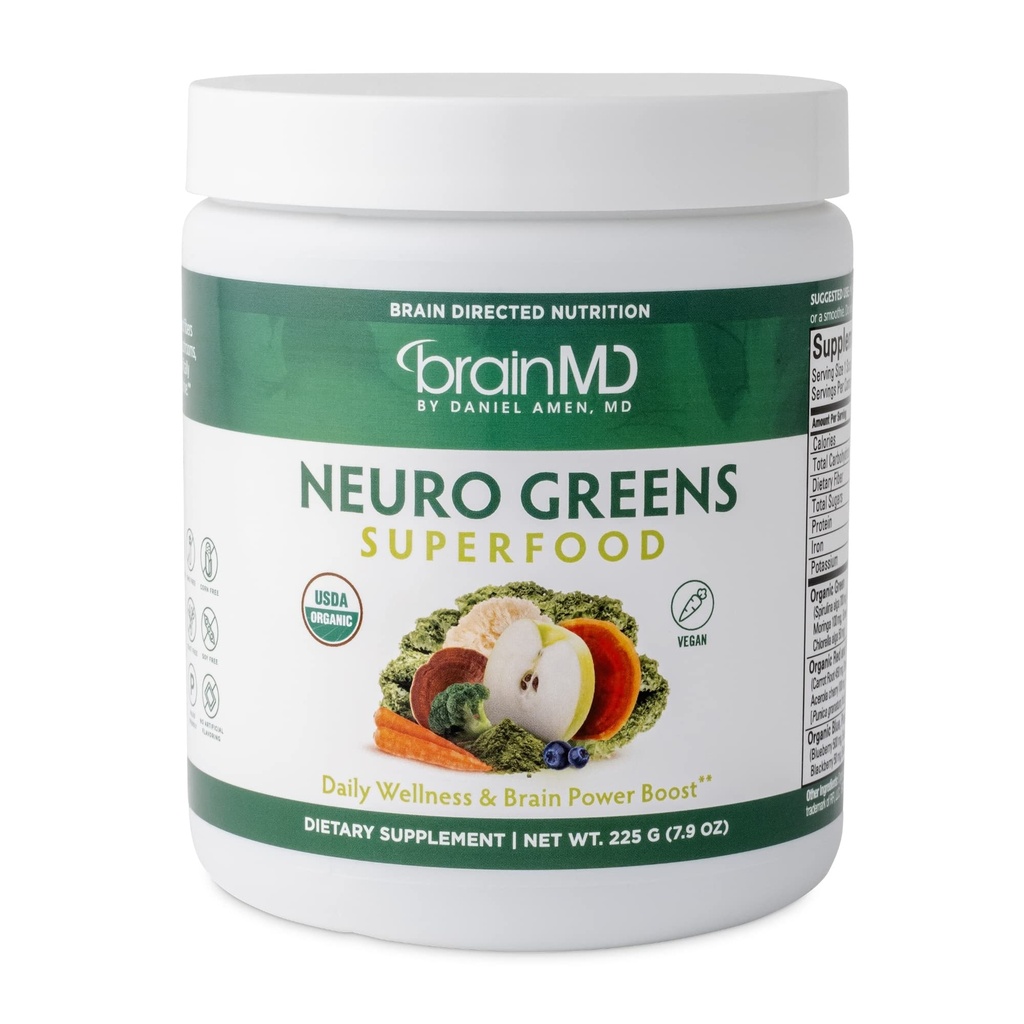 BrainMD Dr Amen Neuro Greens Superfood - 7.9 oz - Sprijină Wellness Whole-Body, Digestion + Immune & Brain Health - Gluten Free - 30 Serviri