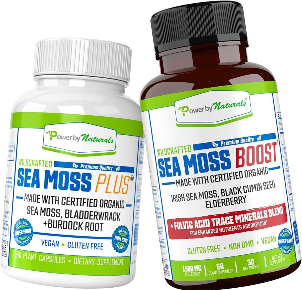 Power by Naturals Certified Organic Sea Moss Capsules Bundle (SeaMoss Plus & Sea Moss Boost) - wildcrafted, Non OMG Sea Moss crud Organic - 60 Gluten-Free Seamoss Pastile