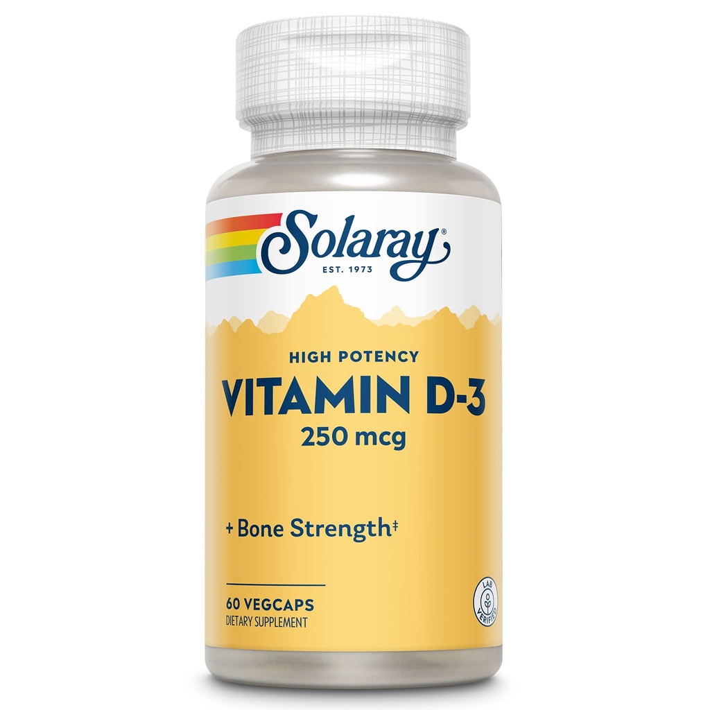SOLARAY Vitamina D3 10000UI (250 mcg) - Vitamina D de mare potenta - cu VIT D3 ca Cholecalciferol - Oase puternice si supliment de sprijin imun - 60 zile de garantare, 60 serviri, 60 VegCaps